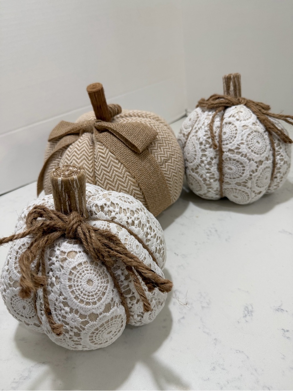 Neutral Lace and Burlap Decorative Pumpkins - Set of 3 - Picture 2 of 13